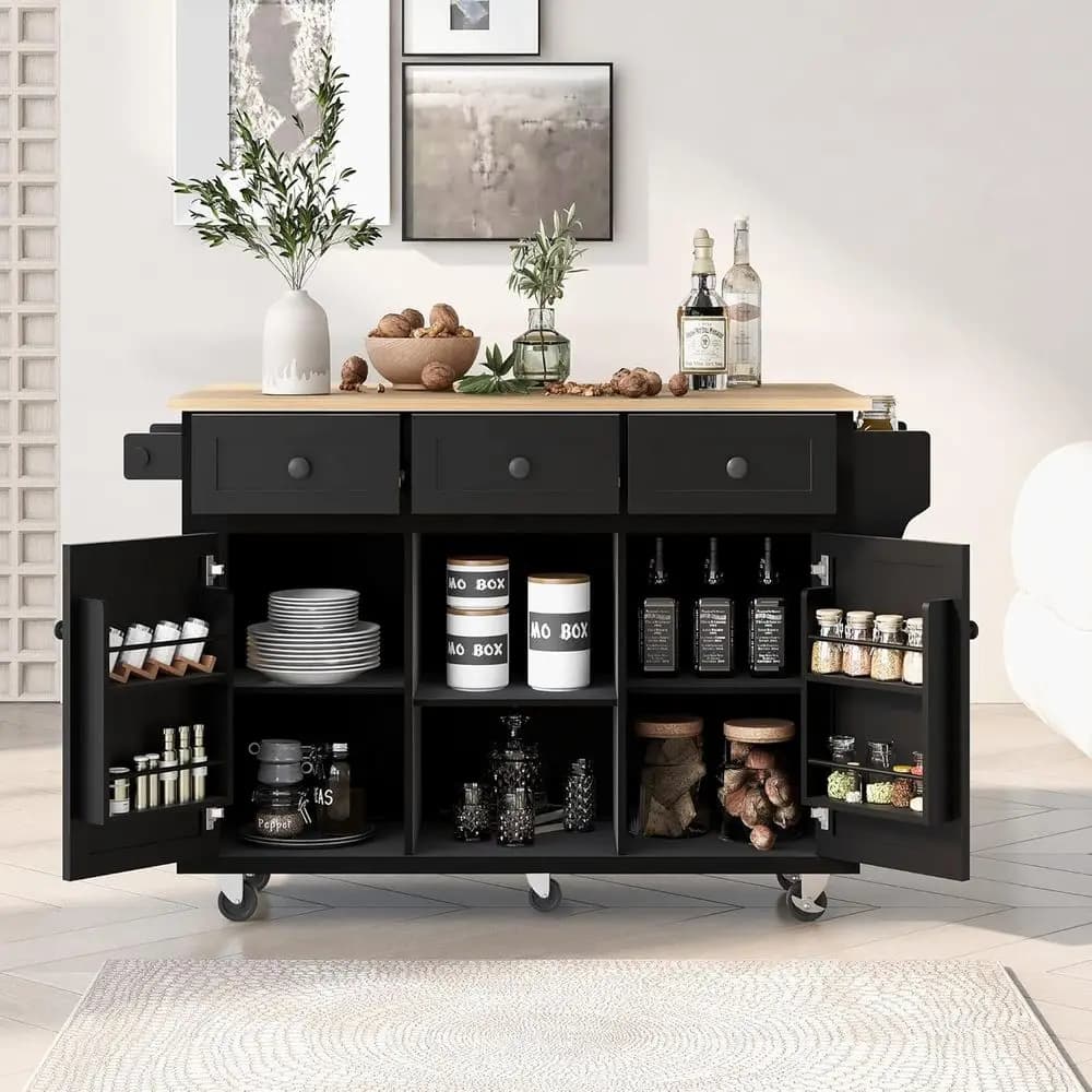 Carrello da Cucina Mobile con Piano Ribaltabile in Legno di Gomma, 5 Ruote, 3 Cassetti, Armadietto Contenitore, Porta Spezie e Portasciugamani (Nero)