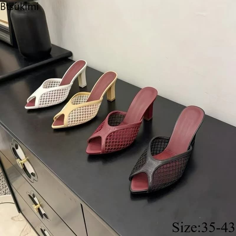 Women's Mesh Mule High Heels Summer PU Upper Fishing Net Thick Heel Sandals Fashion Beach Vacation Casual Slip-on Ladies Shoes