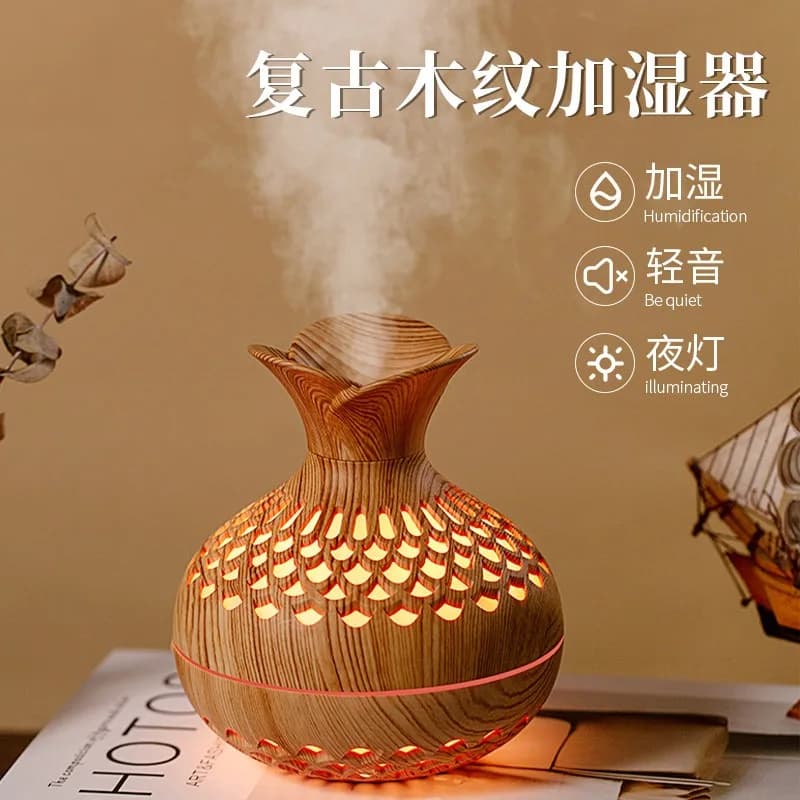 Diffusore di Aromi con Effetto Legno Cinese, Lampada Notturna e Umidificatore per Oli Essenziali
