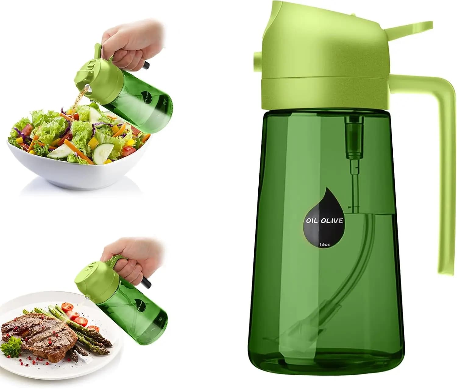 Spruzzatore e Dispenser di Olio 2-in-1, Bottiglia in Vetro Verde Scuro da 16oz per Cucina, Nebulizzatore per Friggitrice ad Aria di Grado Alimentare