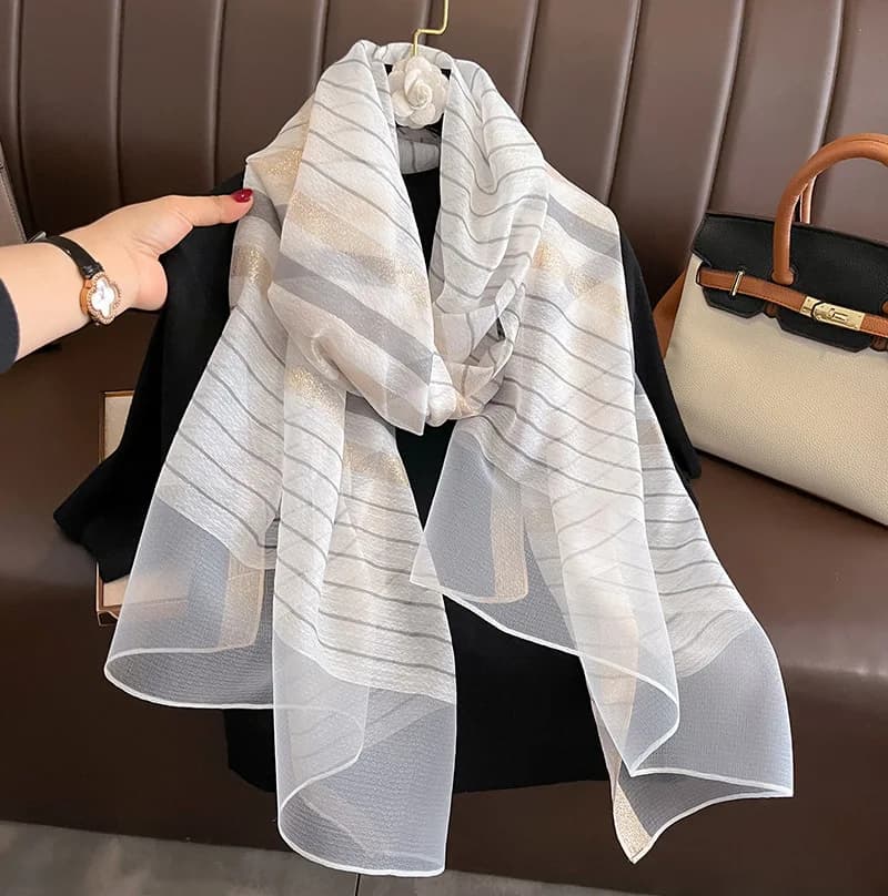 New Korean Striped Fashion Silk Scarf for Women Spring Summer Decorative Necktie Neck Protector Cold Weather Cover Shawl Wrap