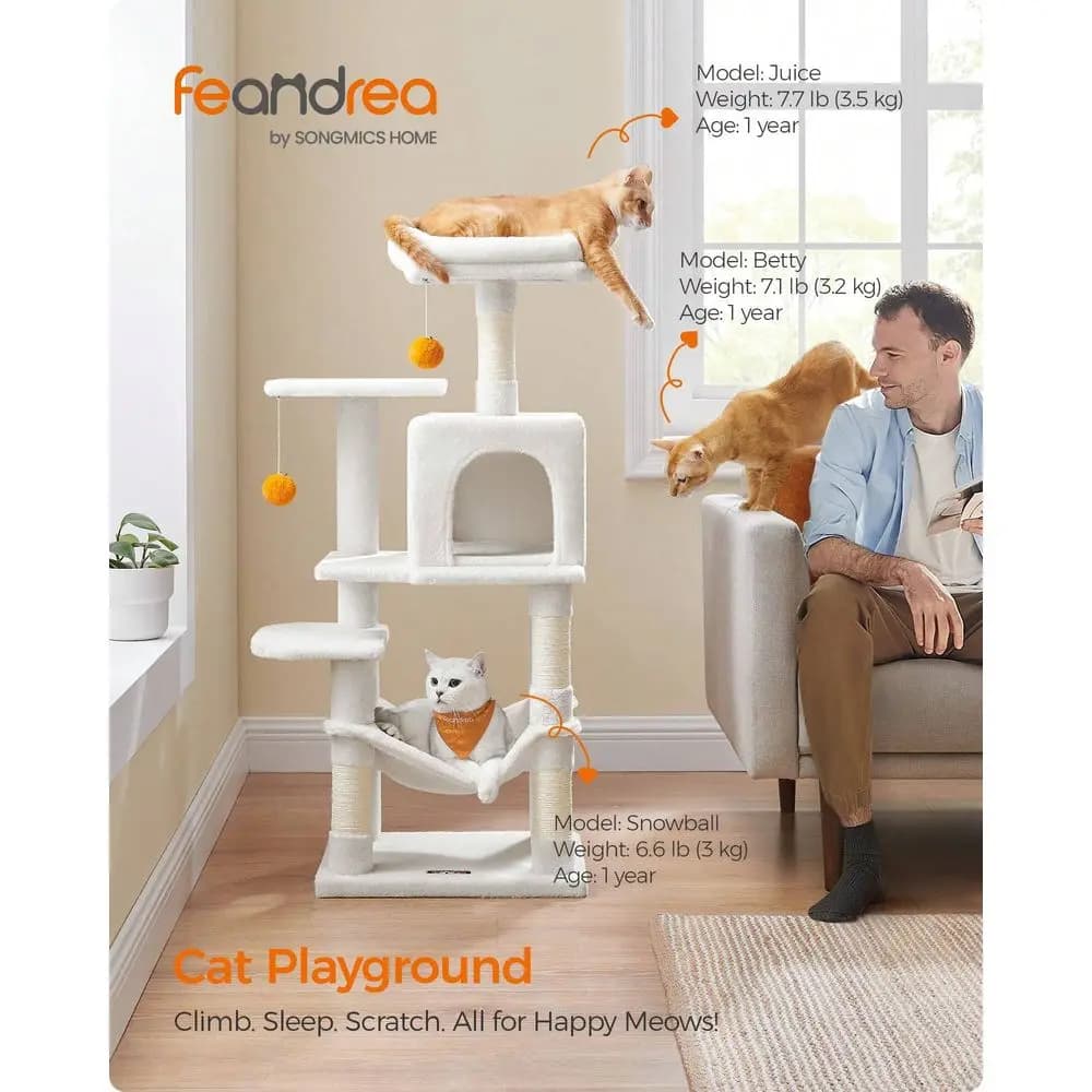 Albero per gatti, torre per gatti da interno da 112 cm, cuccia multi-livello con 4 posti per grattare, 2 posatoi, amaca, grotta