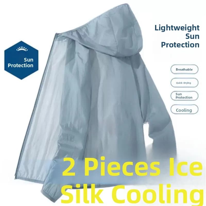 Men's Casual Sportswear Ice Silk UV Protection Shirt Loose Fit Long Sleeve Hooded Zipper Closure Thin Model for Summer Leisure