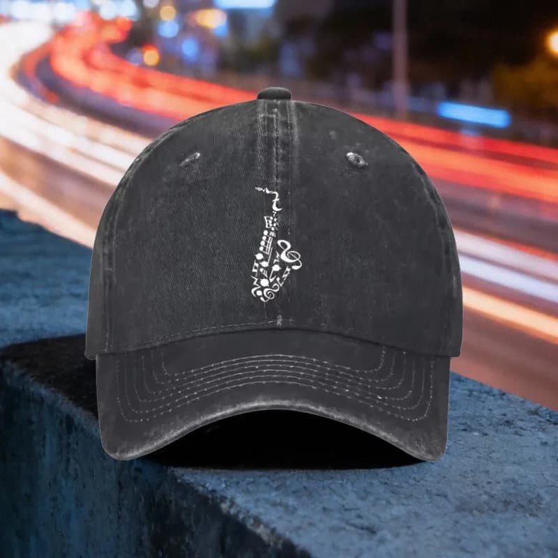 Cappellino da Baseball con Nota Musicale Saxofono in Denim Lavato Regolabile Casual Sportivo Snapback