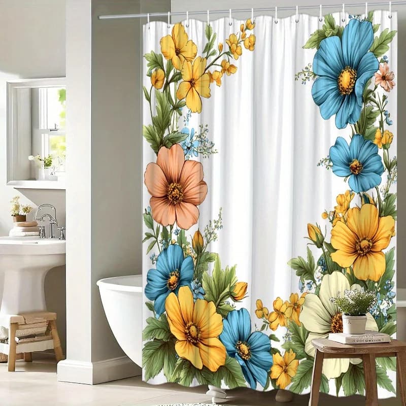1 tenda da doccia floreale vivida con fiori in fiore blu, giallo e arancione - con ganci, tessuto in poliestere, facile da pulire
