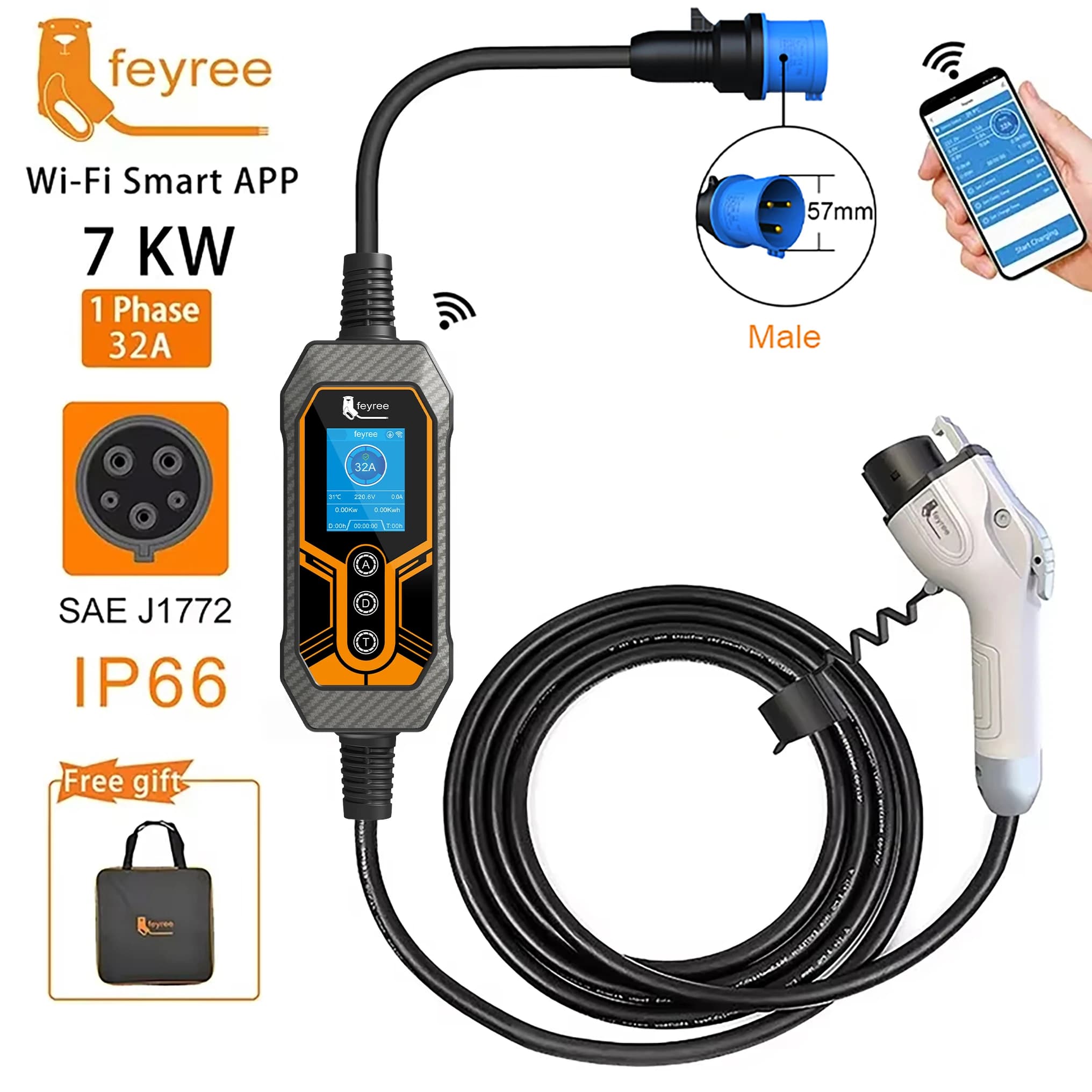feyree Type1 j1772 Presa 32A 7KW 1 fase Caricatore portatile EV Wallbox Controllo APP EVSE Scatola di ricarica portatile per veicolo elettrico