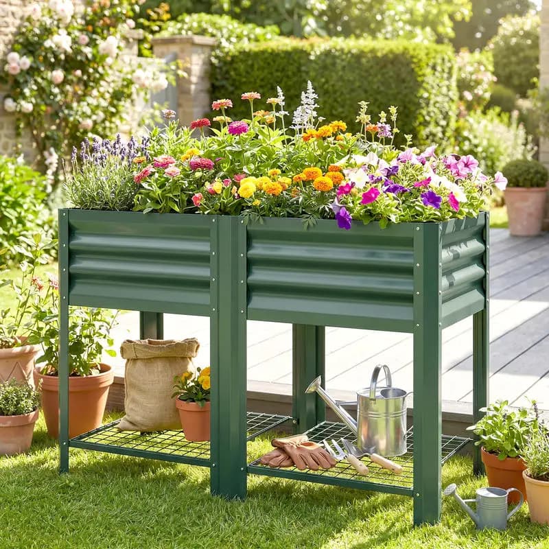 Outsunny Fioriera Rialzata in Acciaio Zincato, Vaso da Giardino con Ripiano Portaoggetti, Rivestimento Interno, Altezza 80 cm, Verde