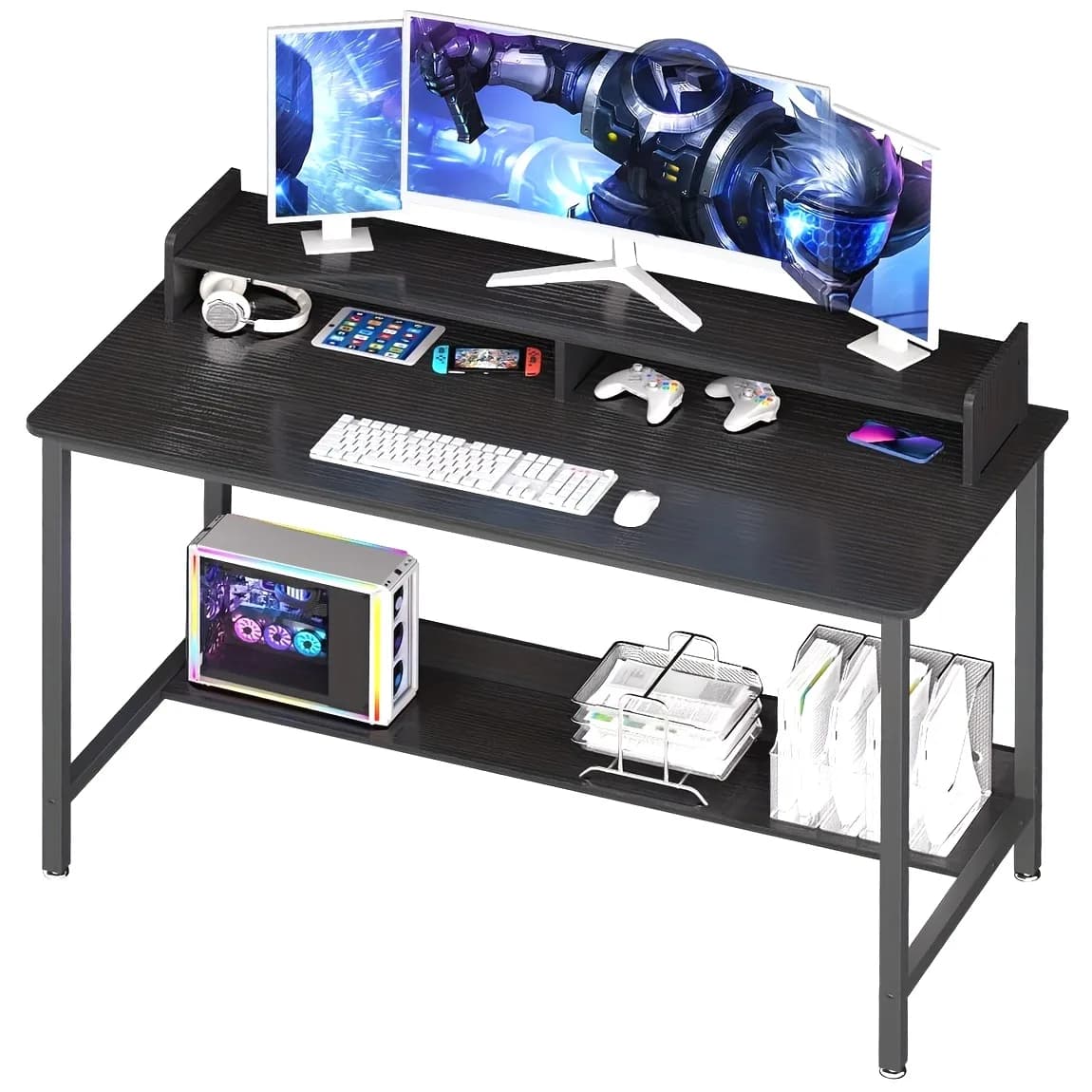 Modern Compact Gaming Desk – 43 Inch L-Shaped Corner Design with Built-in Monitor Stand & Integrated Bookshelf Shelf | Fits Two Monitors Comfortably | Sleek Black, Gray & Marble-Finish End Panels | Space-Saving Home Office or Gaming Setup Solution