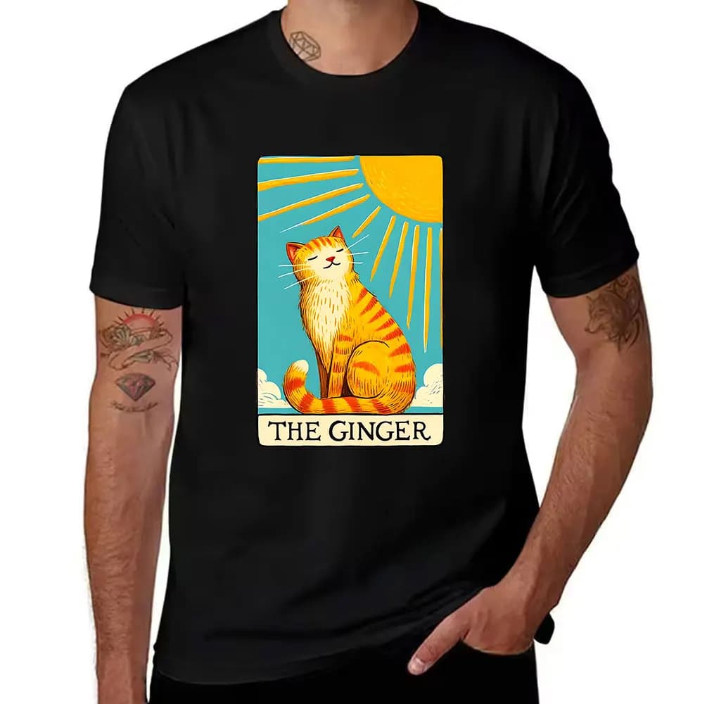 T-shirt da uomo in cotone con stampa grafica in stile carta dei tarocchi The Ginger Cat, casual, a maniche corte