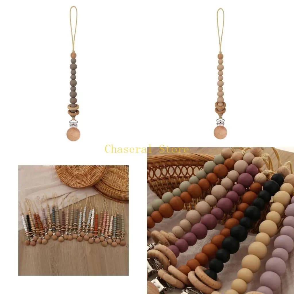 E7CE Handmade Wooden Pacifier Chains Safe Teething Chain Baby Teether Eco-friendly Pacifier Clips Holder Chain Smooth Surface