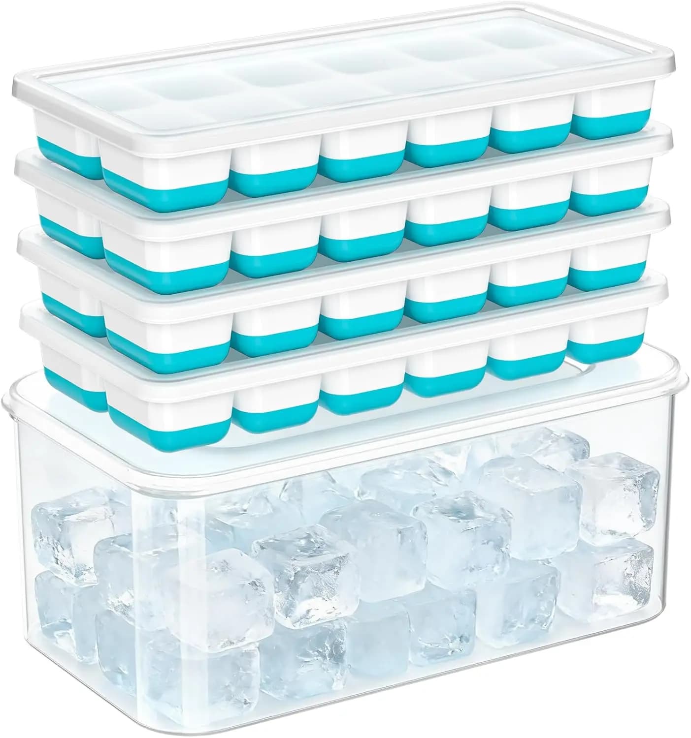 Set di 4 vassoi per cubetti di ghiaccio in silicone con coperchio e contenitore - 48 cubetti impilabili, a prova di perdite, senza BPA, facile da rilasciare