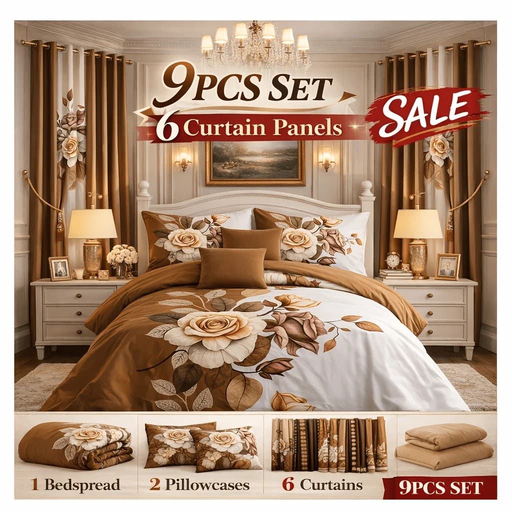 [Ideal Gift] 9pcs Bedspread & Curtain Set, Floral Bedding Ensemble Includes 1 Bedspread 2 Pillowcases & 6 Curtain Panels, Soft Lightweight Quilt Coverlet for Queen King Cal King Bedroom Decor. Ideal All Season Bedding.ideal Gifts for Mother's Day
