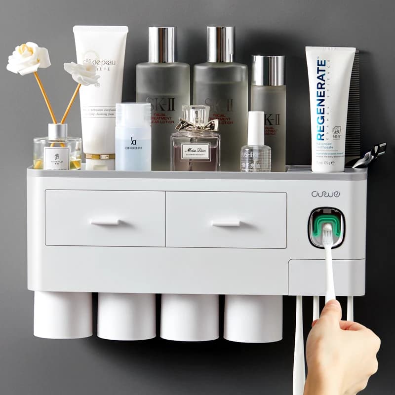 Dispenser automatico di dentifricio con portaspazzolino invertito ad adsorbimento magnetico con Set di accessori per il bagno in dentifricio a tazza