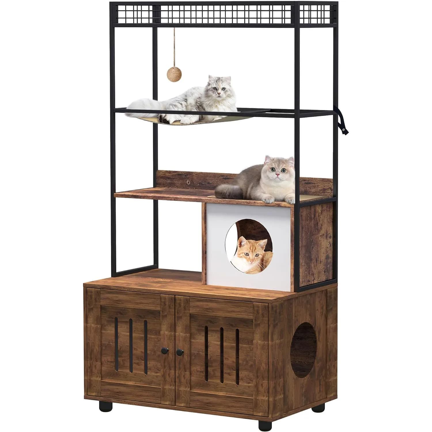 Litter Box Enclosure with Shelves, Wooden Hidden Cat Litter Box Enclosure Furniture 60'' Cat Cabinet Washroom with Playing Ball & Hammock, Pet House for Home