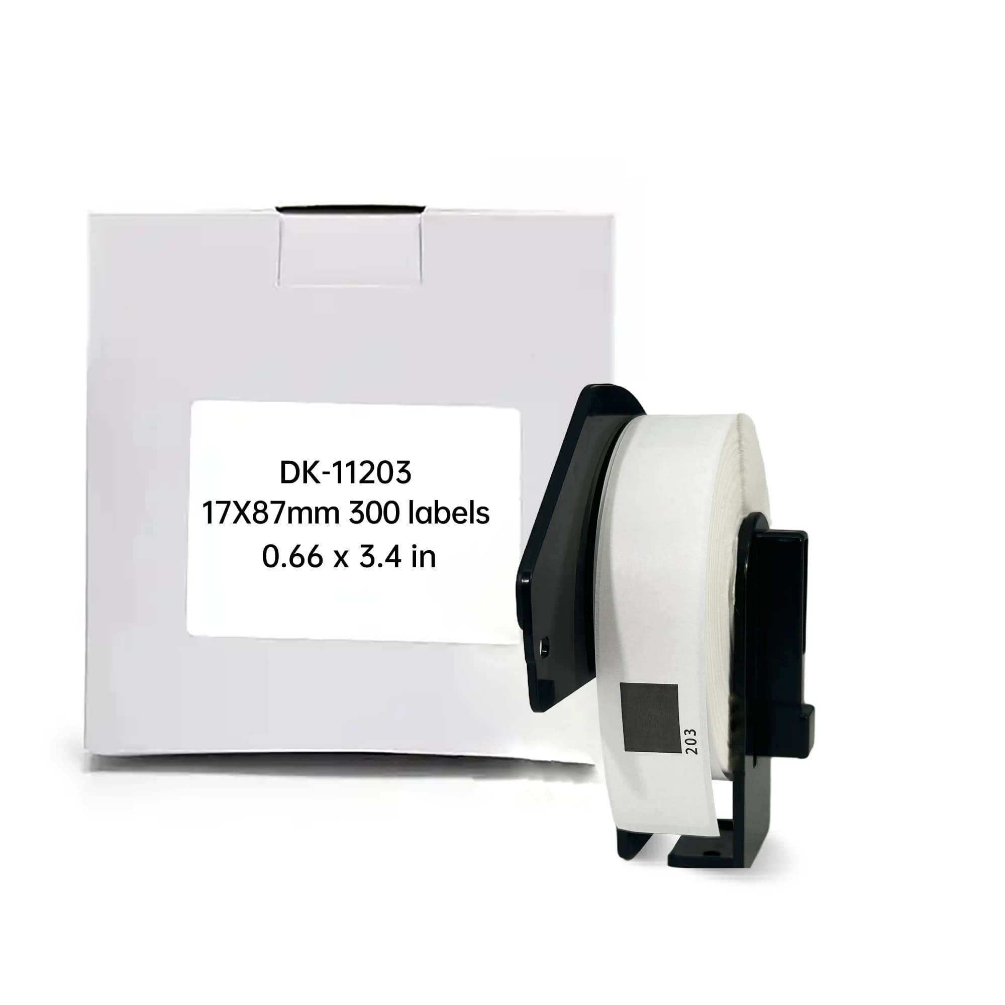 Etichette compatibili Brother DK 11203 per cartelle, 17 x 87 mm, nero su bianco, 300 etichette per rotolo con cartuccia portaetichette
