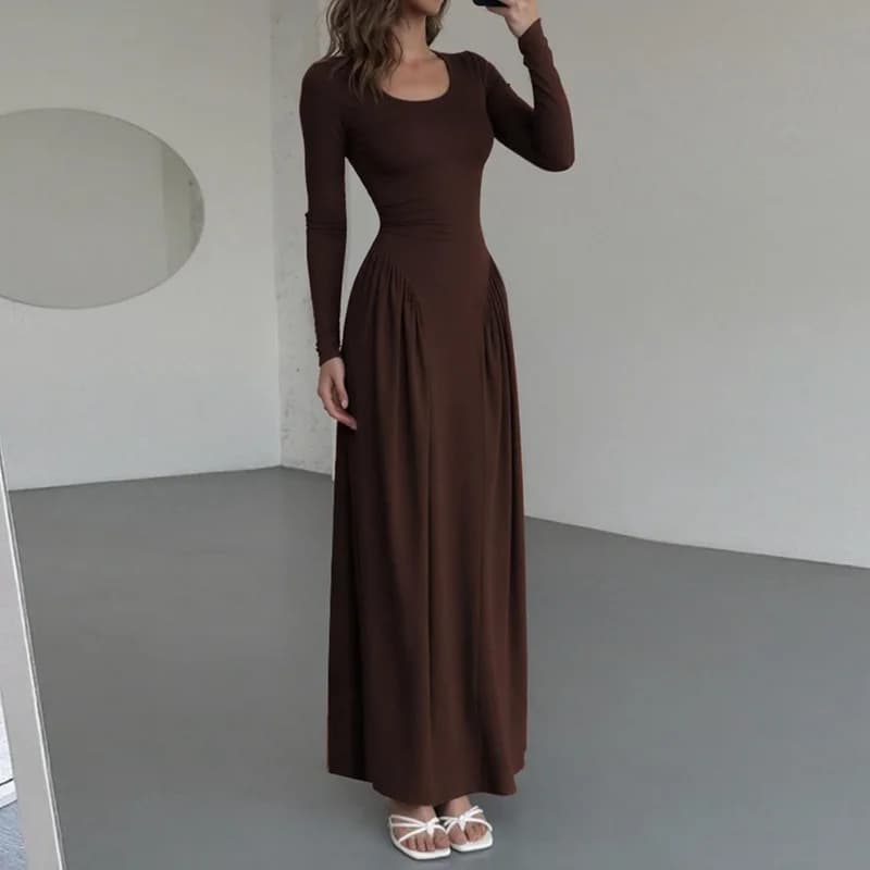 Women's Dress Low Waist Volant Neckline U-Necklace Full Sleeve Stretchy Skinny Trendy Autumn Simple Classic With Laces Folds Long Fit Dress