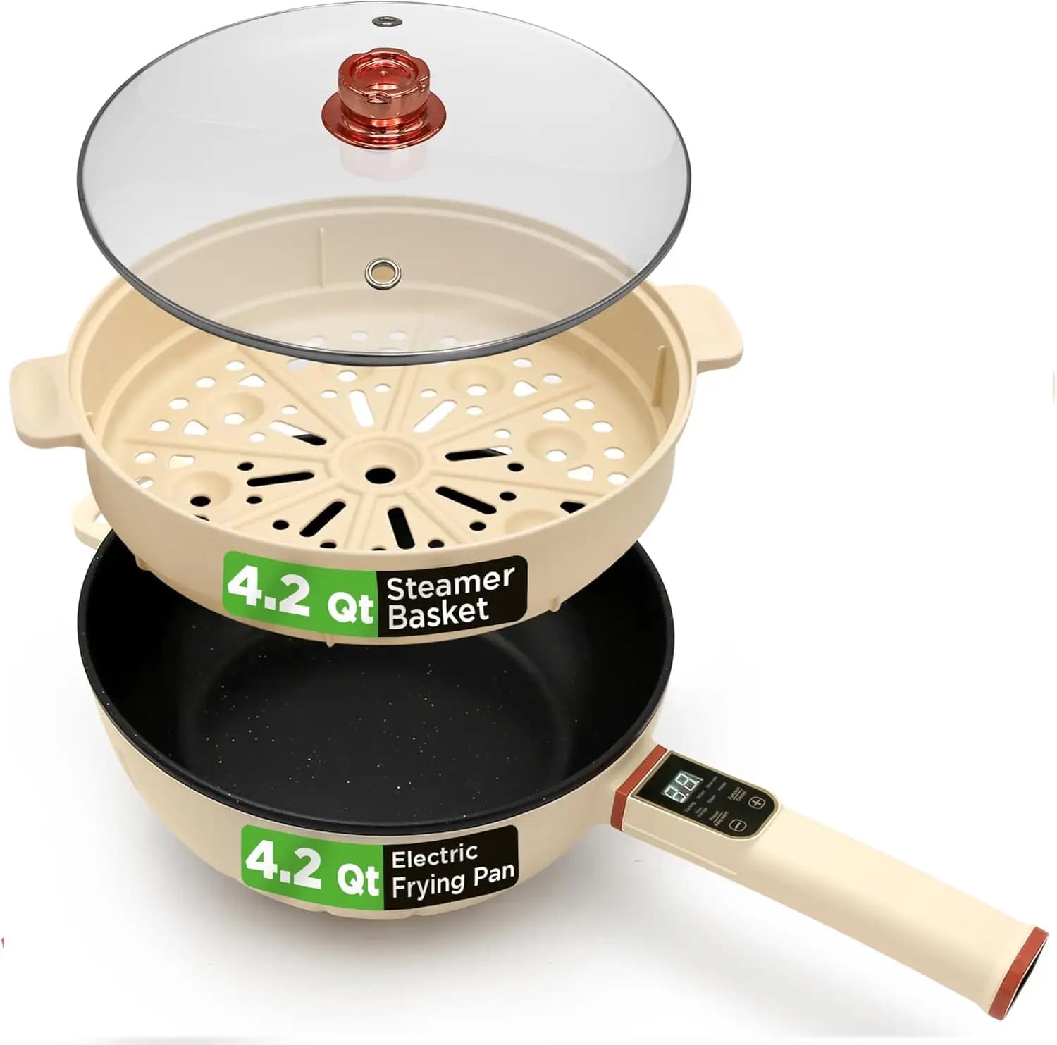 Padella elettrica e vaporiera 2 in 1, 8 litri, padella antiaderente con pannello di controllo touch, 7 funzioni di cottura, bianco