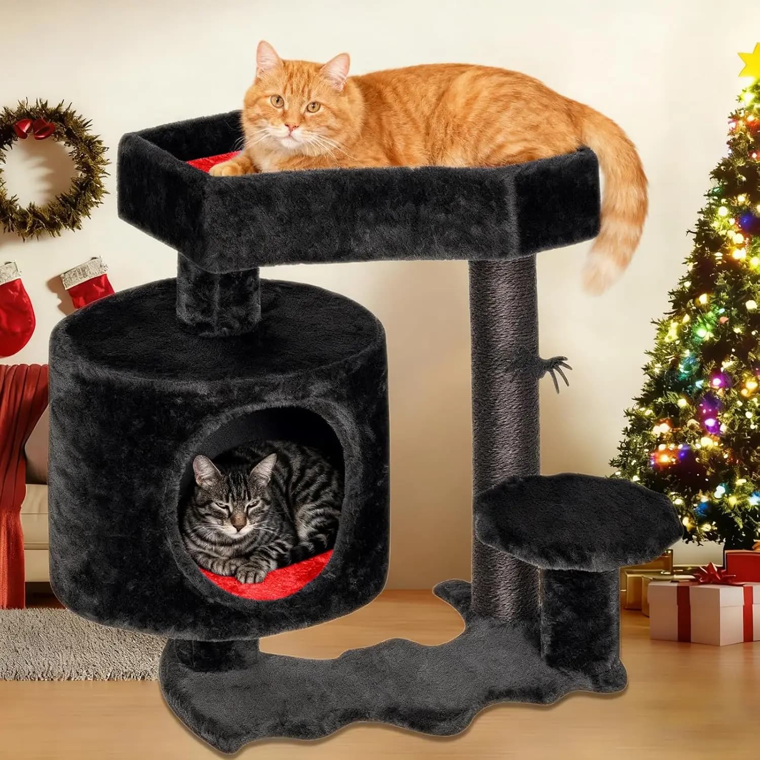 Albero per gatti gotico con letto a bara, tiragraffi e giocattolo ragno, piccolo condominio per gatti rosso nero per gattini MMJ93R