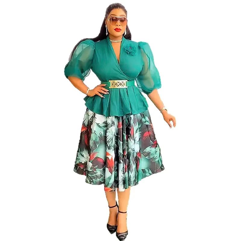 Dashiki African Clothes for Women Summer Elegant African Half Sleeve Polyester Print Top Long Skirt Matching Sets Outfits L-3XL