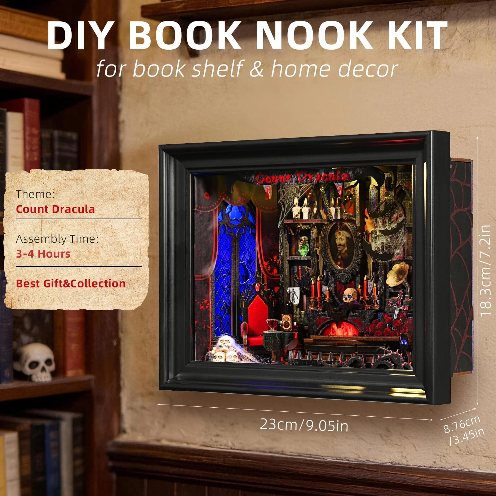 Book Nook Kit Wooden Doll, Puzzle Theme Vampire Dracula, Gothic Style, Doll House Model for Halloween Library, Home Decoration