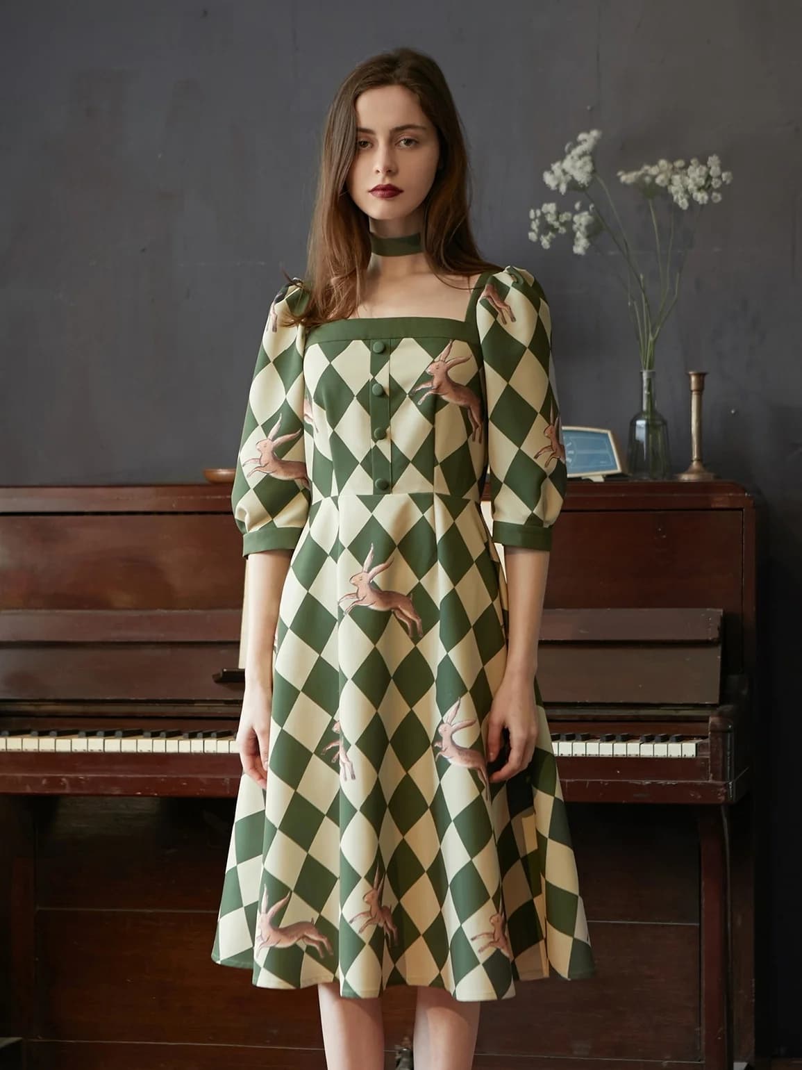 Gonna in Poliestere Morbido con Stampa di Coniglietti Marca XUNRUO, Stile Artistico Dr Diamond, Moda Femminile Primavera-Autunno
