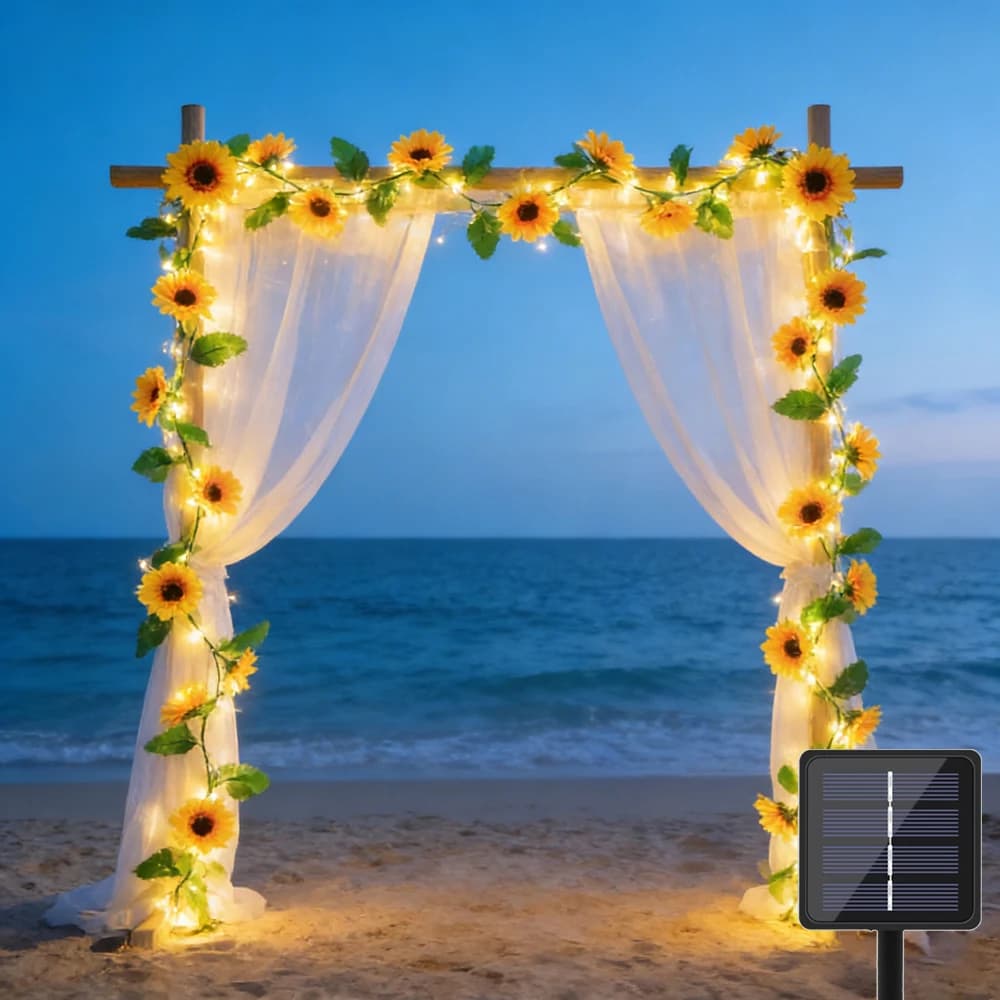 Luci Solari Artificiali a Forma di Girasole e Rosa, Ghirlanda Luminosa con Foglie Verdi per Decorazioni da Giardino, Feste e Matrimoni