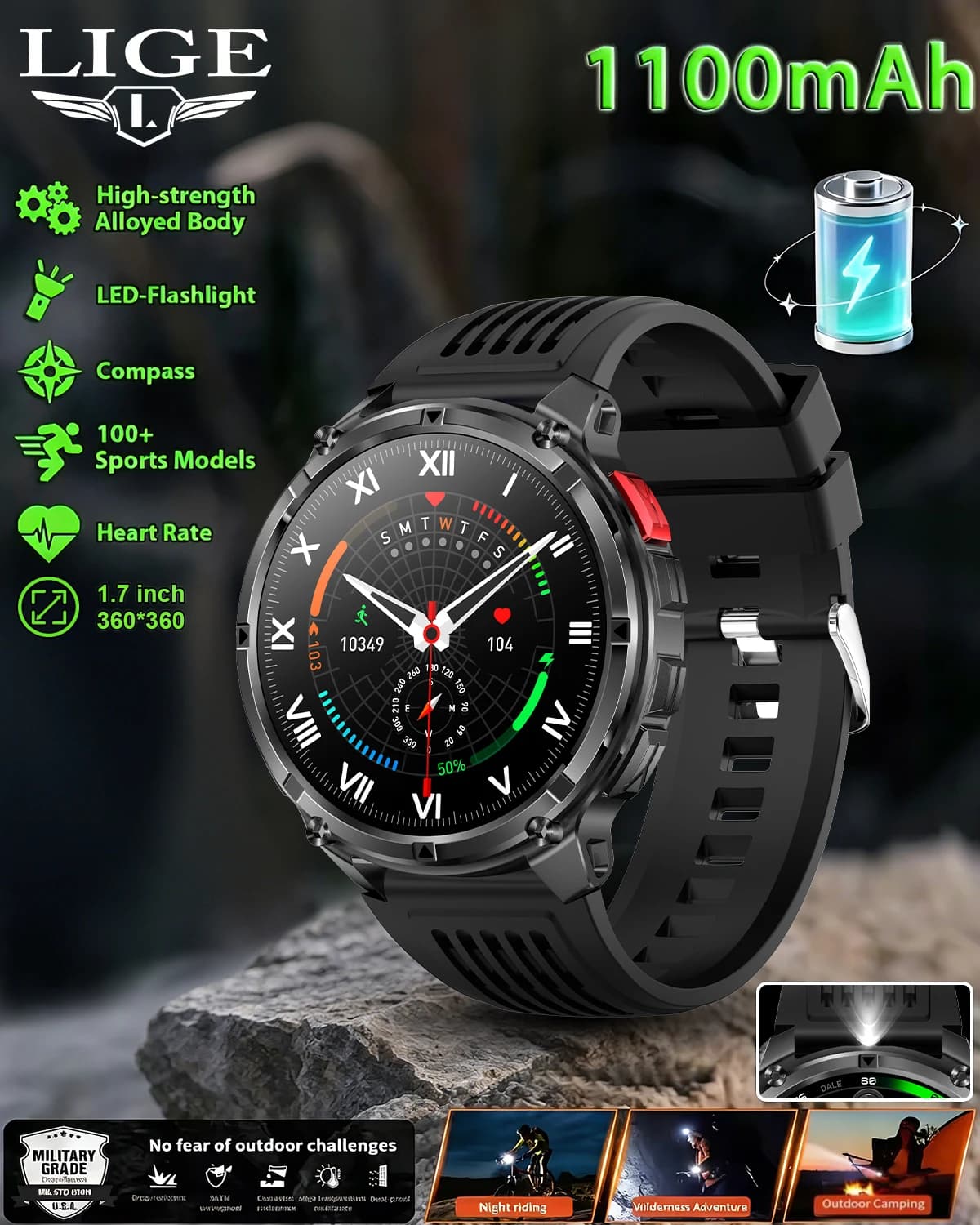 Smartwatch Militare 1100mAh con Bussola, Impermeabile IP68, Design Originale per Uomo, Chiamate Bluetooth, Monitoraggio Salute e Torcia LED