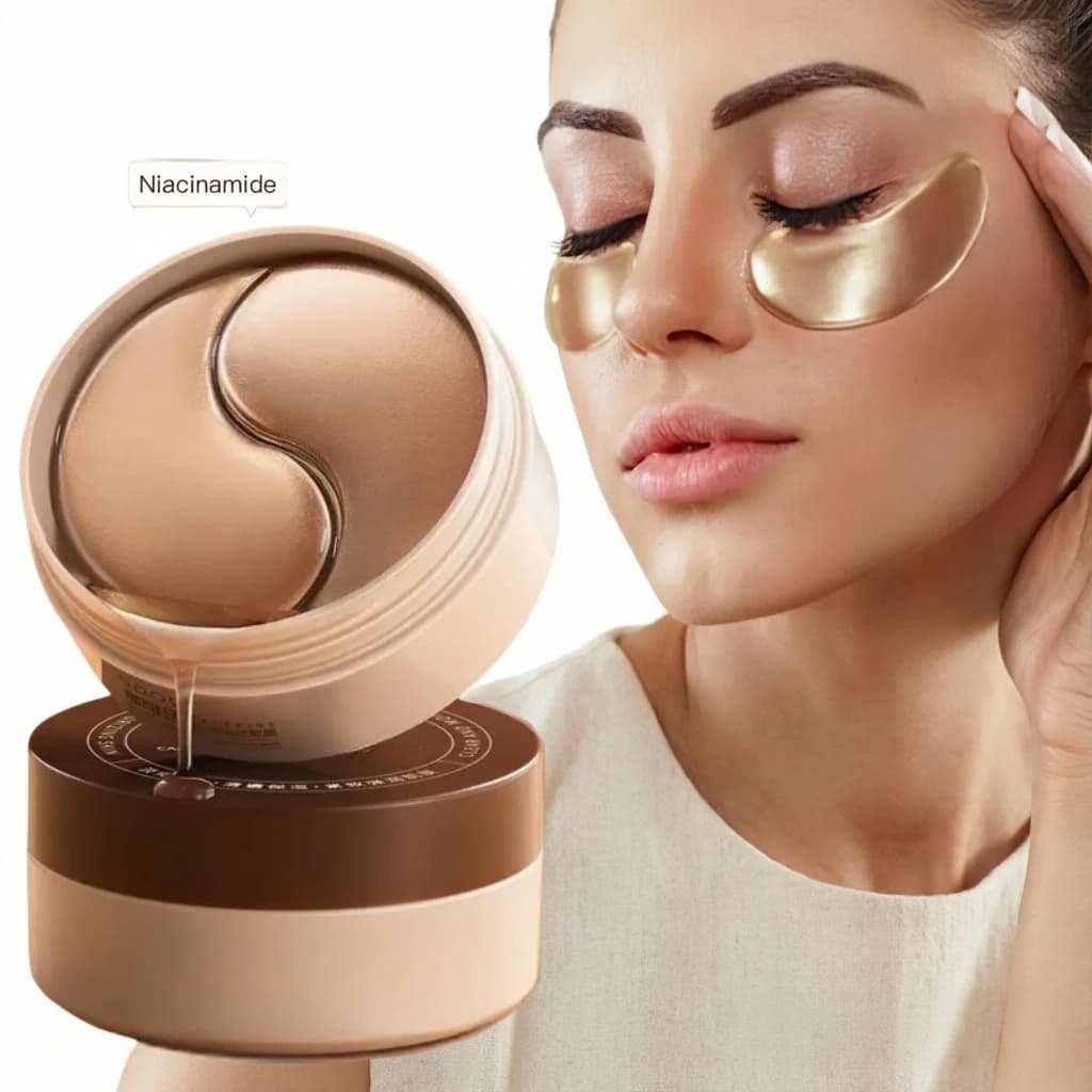 A box of 60 masks for firming and bright eyes to nicotinamide and caffeine, rich in beneficial ingredients for the body, usable on all face, relieve eye fatigue in any mo
