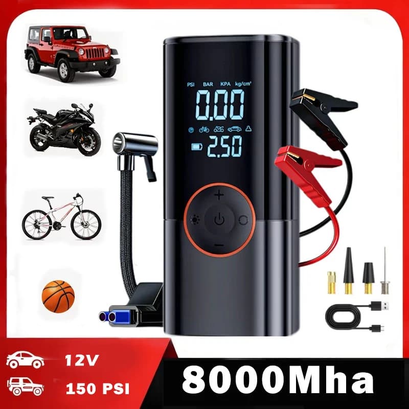 Avviatore d'Emergenza Portatile per Auto con Compressore d'Aria, Batteria 12V, Power Bank per iPhone Samsung, Gonfiatore Pneumatici