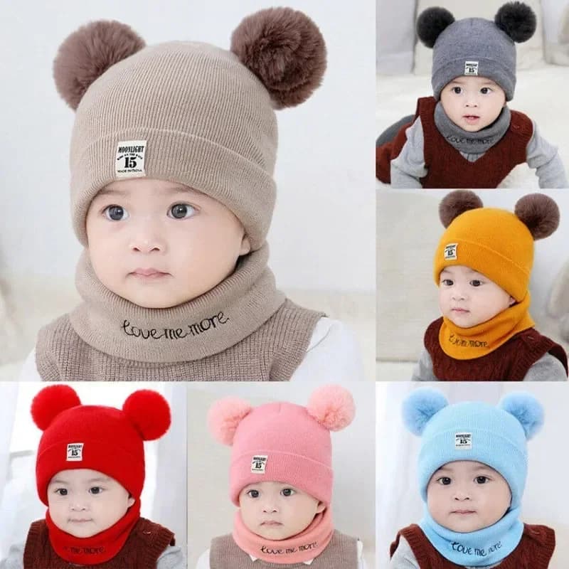 Cappelli per bambini 0-12 mesi Berretti invernali caldi lavorati a maglia per ragazzi e ragazze, set di cappelli morbidi con paraorecchie per neonati con scaldacollo a sciarpa