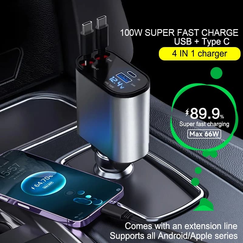 Caricabatteria da auto 4 IN 1 ricarica rapida USB tipo C 100W LED caricabatteria per telefono da auto adattatore cavo retrattile per iPhone Samsung HuaweI
