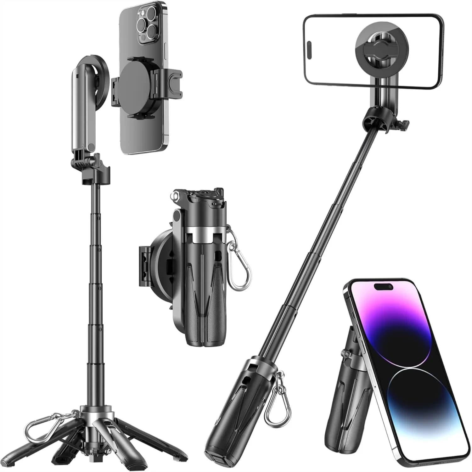 Treppiede Magnetico per Telefono con Telecomando, Mini Impugnatura e Supporto 4-in-1, Otturatore Bluetooth da 10m per iPhone e Android