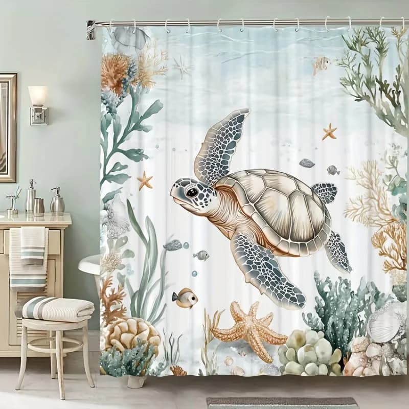 1pc Fun Turtle and Starfish Pattern Shower Curtain, Multiple Sizes Available,, Includes 12 Hooks, Suitable for Holiday Bathroom