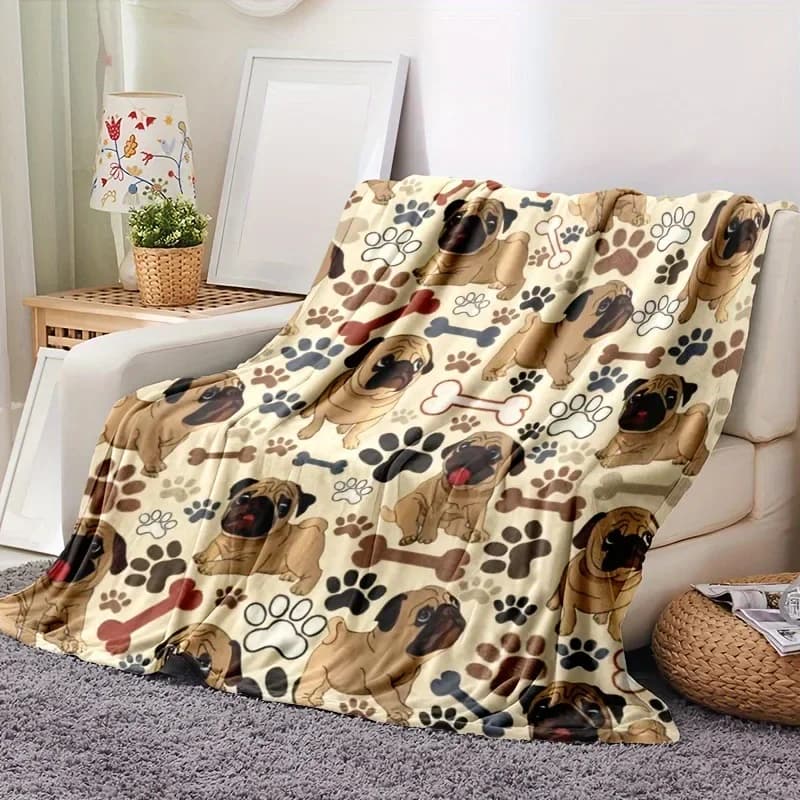 Coperta in Flanella Ultra Morbida con Stampa Zampa di Cane Pug, Perfetta per Divano, Letto, Ufficio e Viaggi, Regalo Ideale per Amanti degli Animali