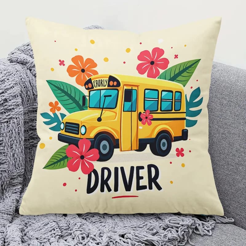 Funny School Bus Driver Pillow Case, Teacher Gift Cushion Cover, Retro Floral Home Decor Throw Pillow Slipcover for Sofa