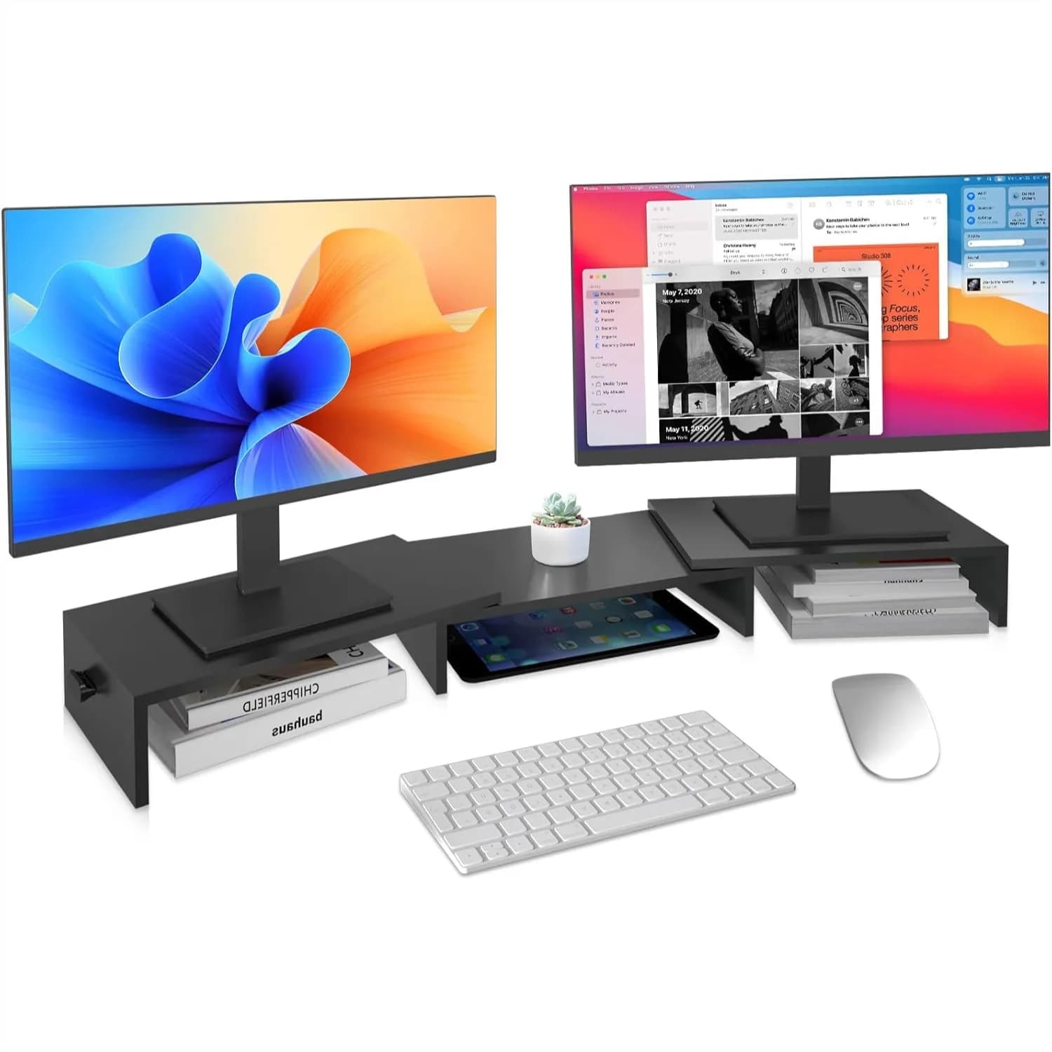 Supporto per Doppio Monitor, Lunghezza Regolabile e Angoli di Rotazione, Supporto da Scrivania Extra Lungo 48,2 Pollici per 2 Monitor, Laptop, Stampante, Max