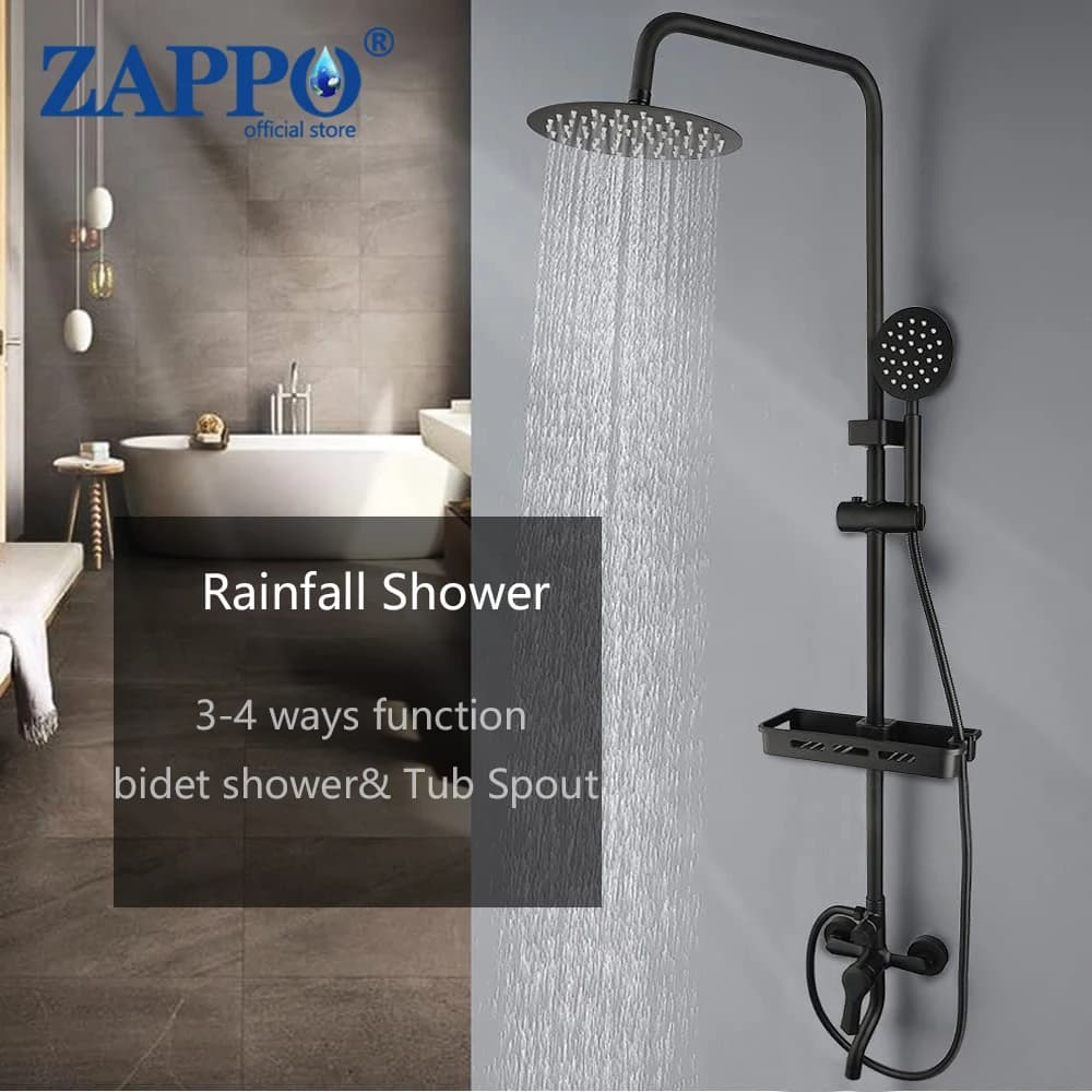 Zapo Set doccia da bagno nero opaco soffione doccia a pioggia da 8 pollici montato a parete sistema doccia a pioggia 3-4 funzioni e ripiano in ABS