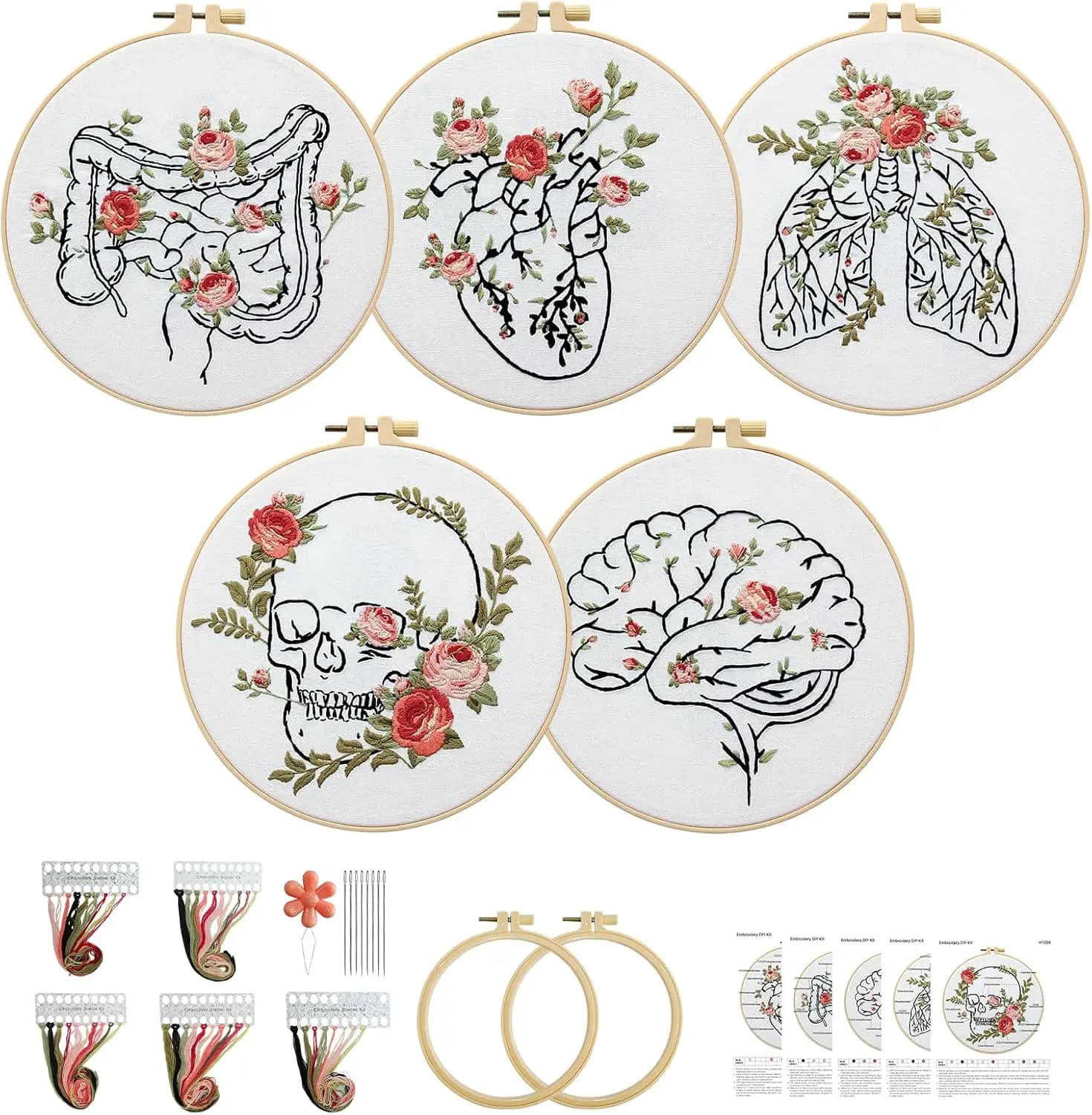 5 Set di Kit per Ricamo Anatomico per Principianti, Punto Croce Fai-da-Te con Motivi Floreali e Telai