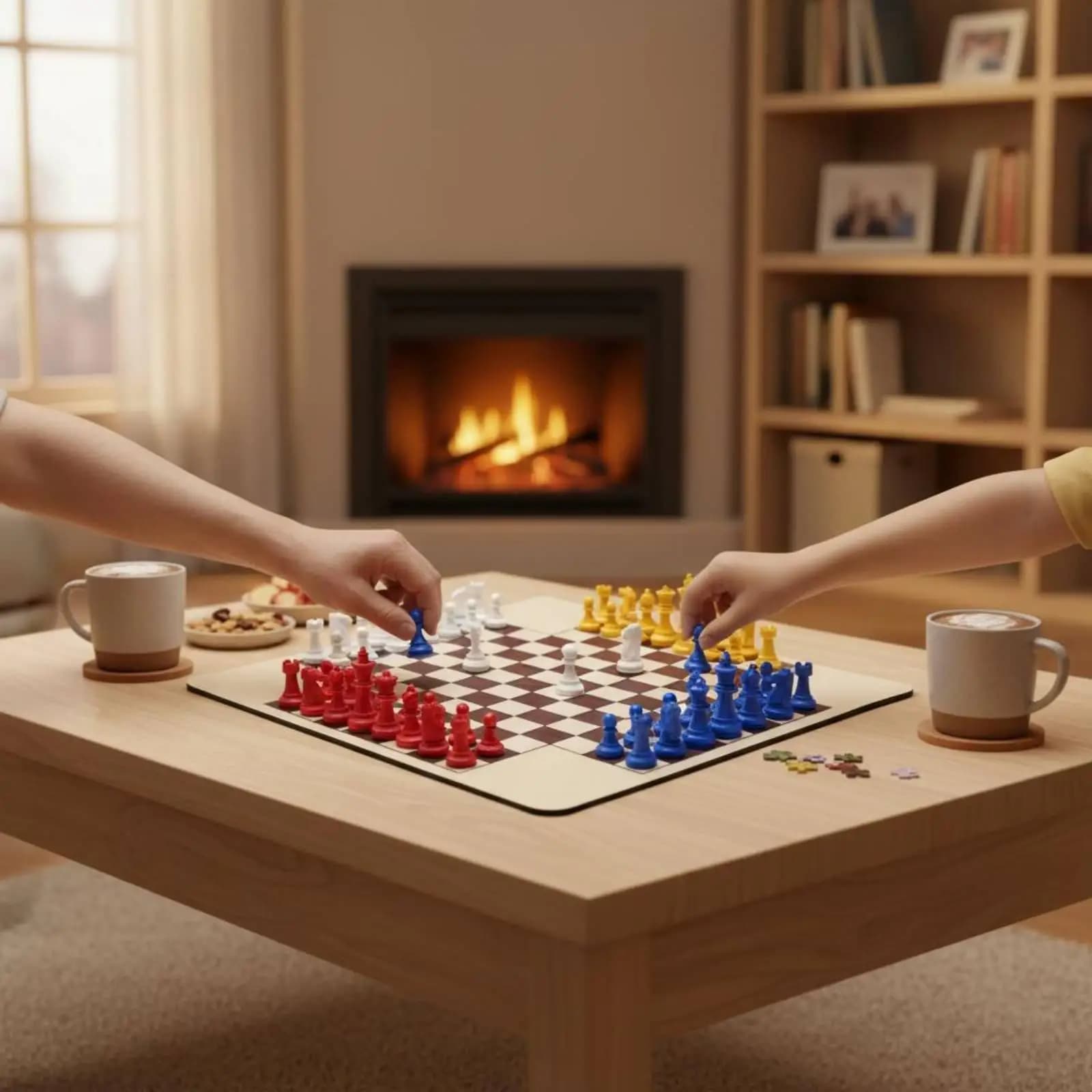 Strategic Chess Board Game Four Team Colored Pieces Wood Grain Square Board Large Play Set for Group Activities