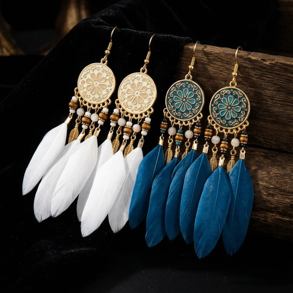 Boho Feather Earrings Leaf Shape Dream Catcher Long Dangle Tassel Earring Ethnic Jewelry Accessories Women Drop Earrings Bride