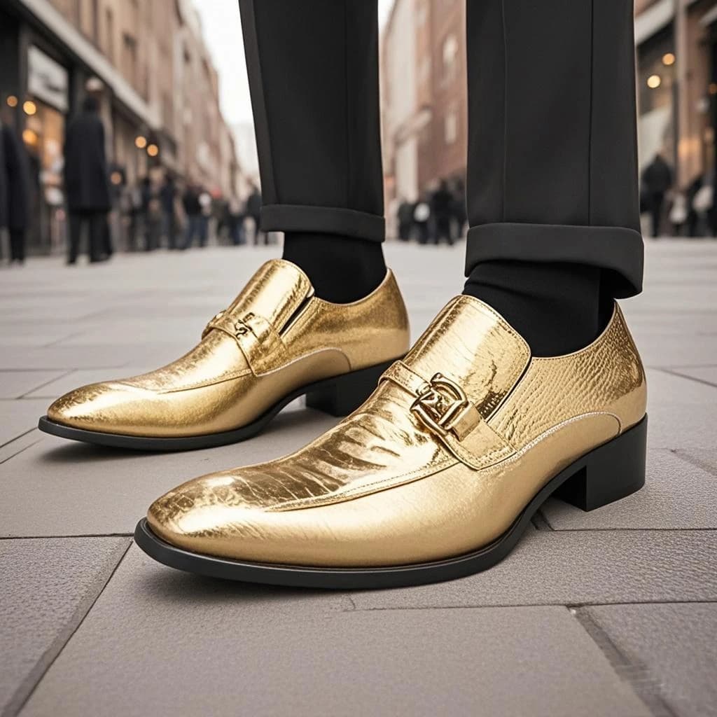 Scarpe in pelle italiana da sposa dorate con tacco alto Slip On Fashion mocassini formali da uomo modello coccodrillo scarpe Oxford per uomo Ori