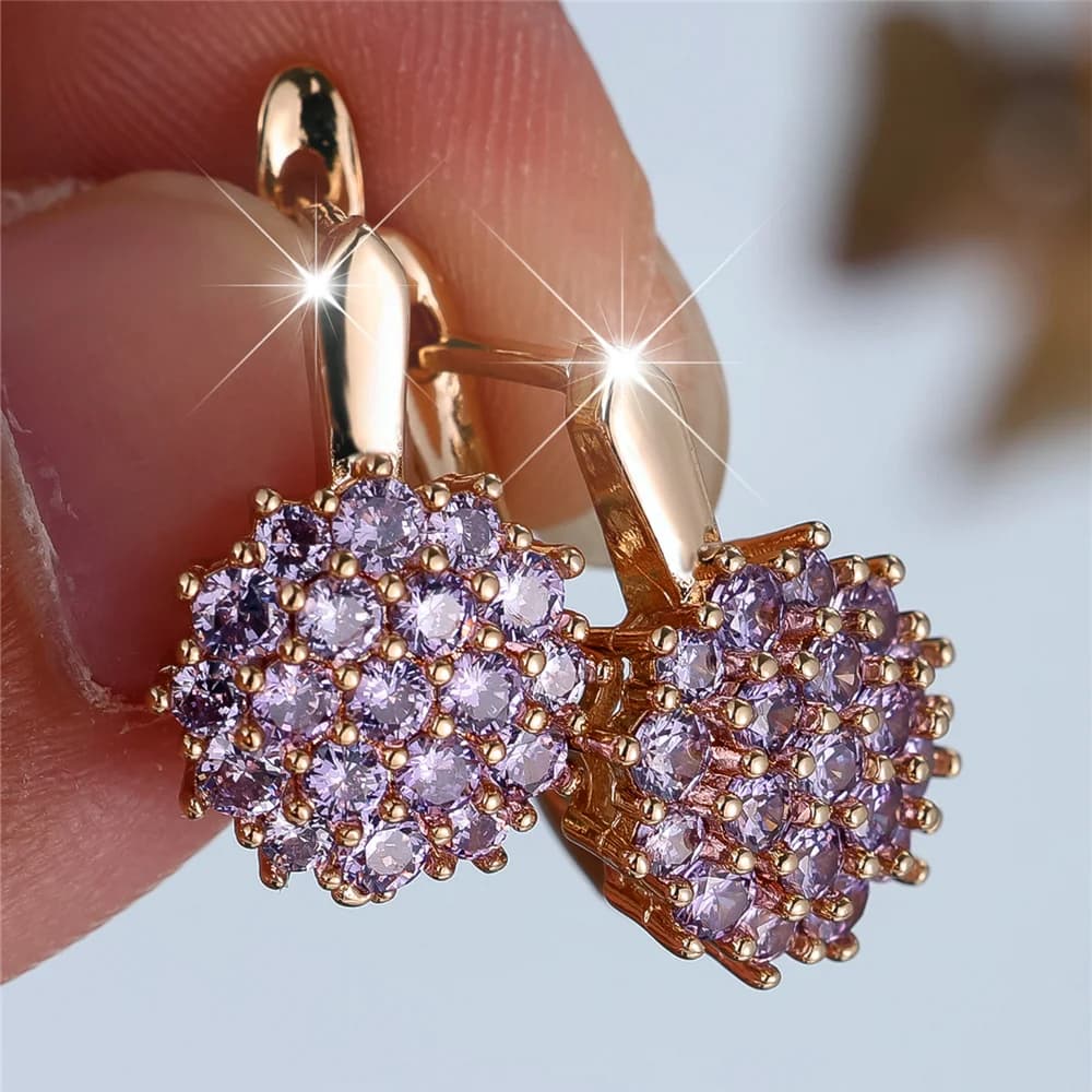 Cute Female Purple Zircon Stone Sunflower Hoop Earrings Fashion Gold Color Wedding Jewelry For Women