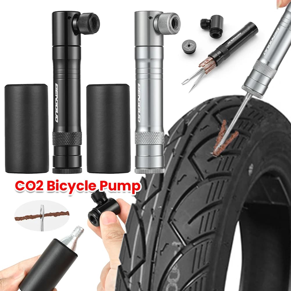 Pompa da bicicletta CO2 con kit di riparazione pneumatici tubeless Schrader e valvola Gonfiatore per pneumatici per bici CO2 Accessori per biciclette in lega di alluminio