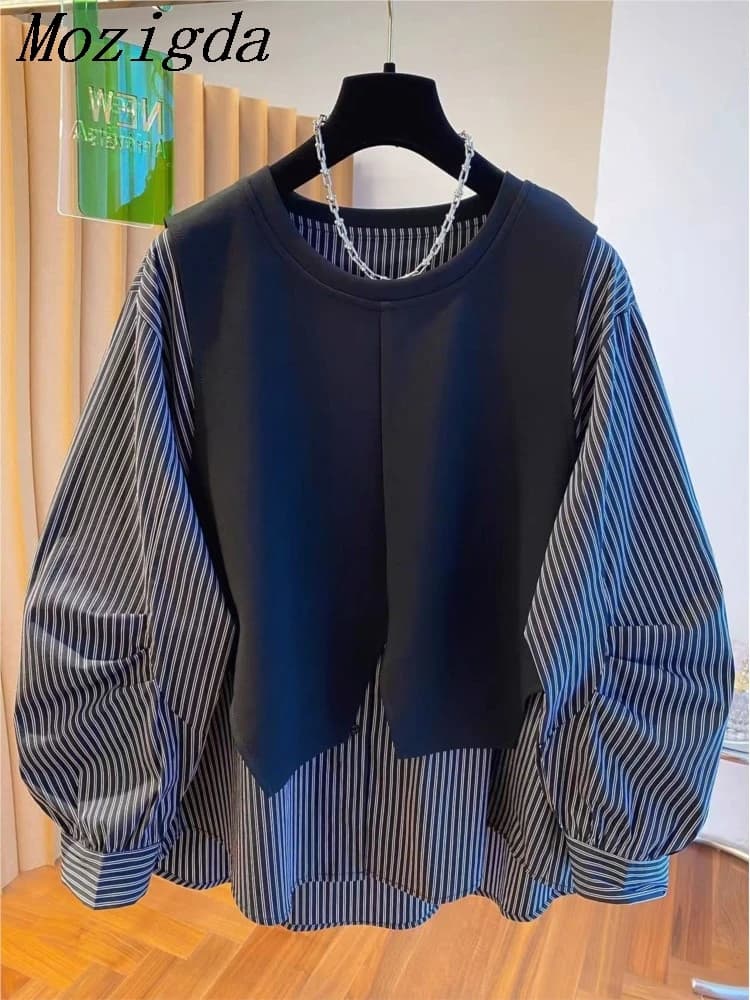 Autunno patchwork falso set in due pezzi camicia a righe camicetta da donna manica lunga allentata top da donna unici comodi e traspiranti