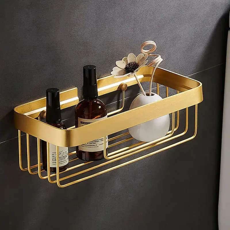 Portarotolo da Bagno in Alluminio Spazzolato Oro, Porta Carta Igienica a Parete in Noce, Mensola Portaoggetti per Doccia