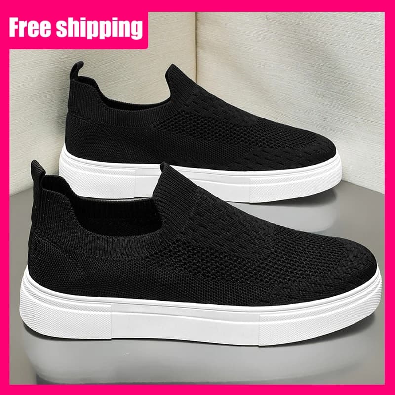 Scarpe da uomo traspiranti in maglia nera, comode per camminare, versatili, resistenti all'usura, con suola spessa, casual.