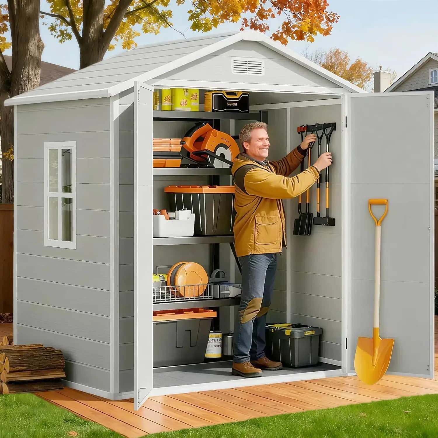 Casetta da Giardino in Resina Resistente alle Intemperie con Pavimento, Porte e Finestre Chiudibili, Ripostiglio per Attrezzi in Plastica per Patio e Giardino 6x4.4FT, Personalizzabile