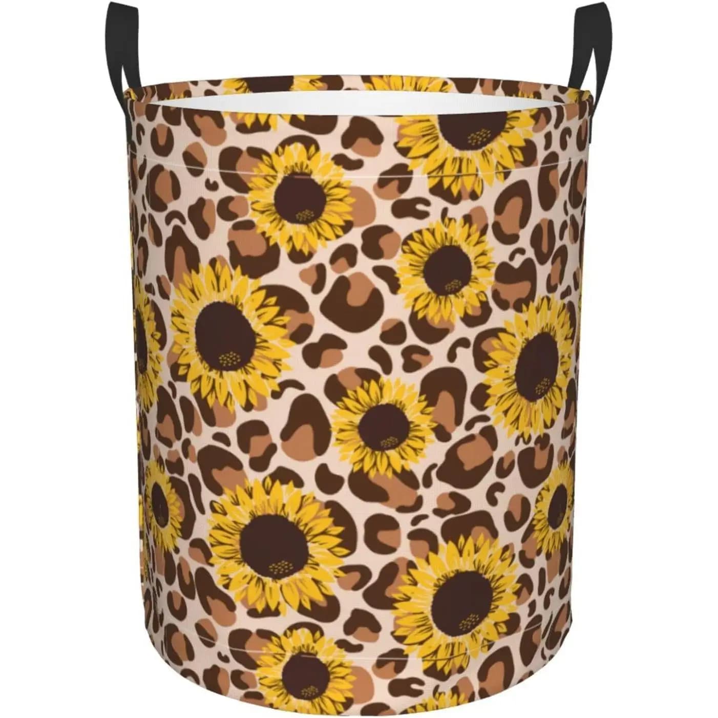 Cesto rotondo per biancheria sporca con stampa leopardata e girasoli gialli, borsa circolare per lavanderia, cesto portaoggetti