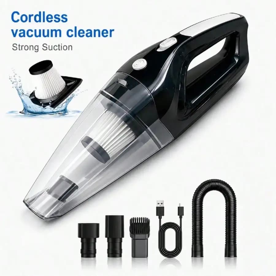 Portable Car Vacuum Cleaner With A Powerful 6000PA Suction, Handheld Design, 1500mAh Large Capacity, Low Noise, And Comes With Five Accessories For Cleaning Car Interiors, Homes, And Pets. Also Includes Car Accessories.