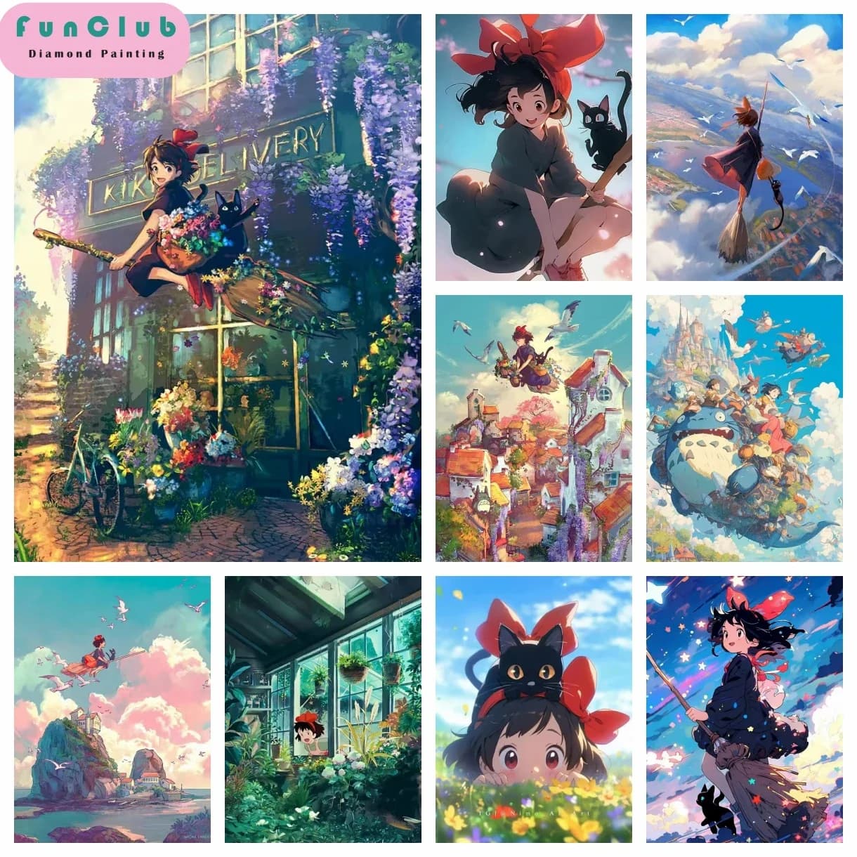 Cute Fly Anime Girl and Cat 5D Diamond Painting Art Fantasy Cartoon Scenery DIY Cross Stitch Handicraft Full Mosaic Home Decor